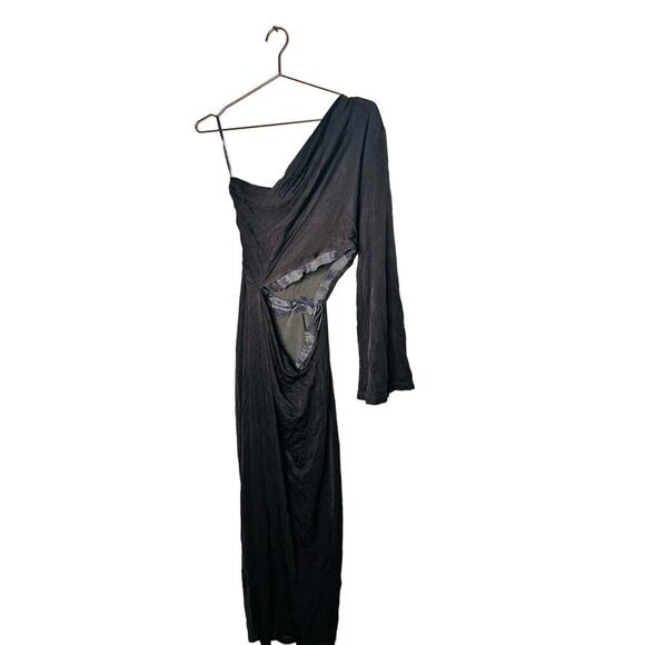 SOMETHING NAVY Black Jersey One Shoulder Long Sleeve Mid-Cutout Gown Medium - Picture 7 of 16